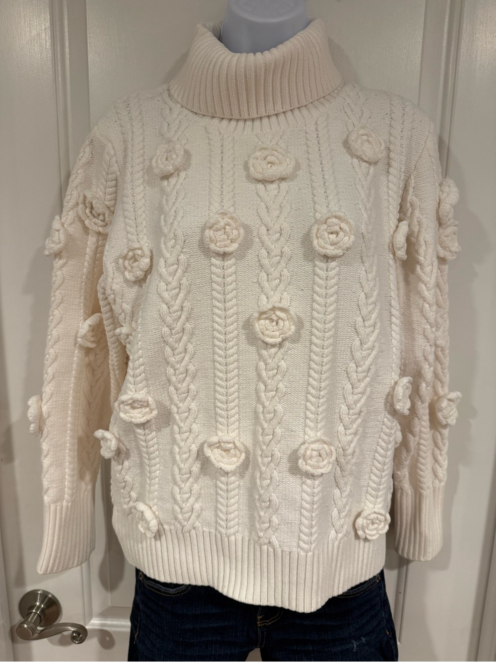 Boston Proper ivory Chenille Rosette Cable Knit Turtleneck Sweater